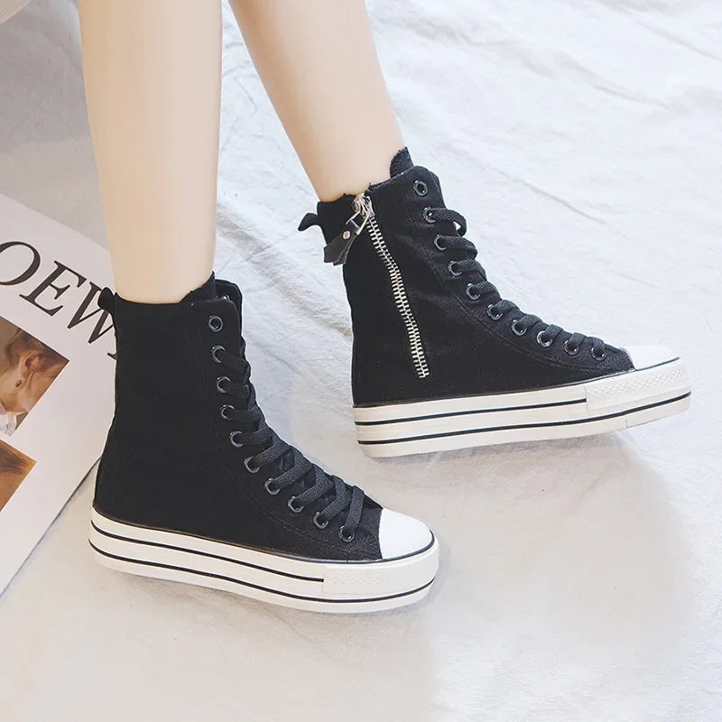 Women's Shoes New High-top Side Zip Canvas Sneakers Fashion Comfortable Platform Boots for Women Student Shoes Platform Sneakers