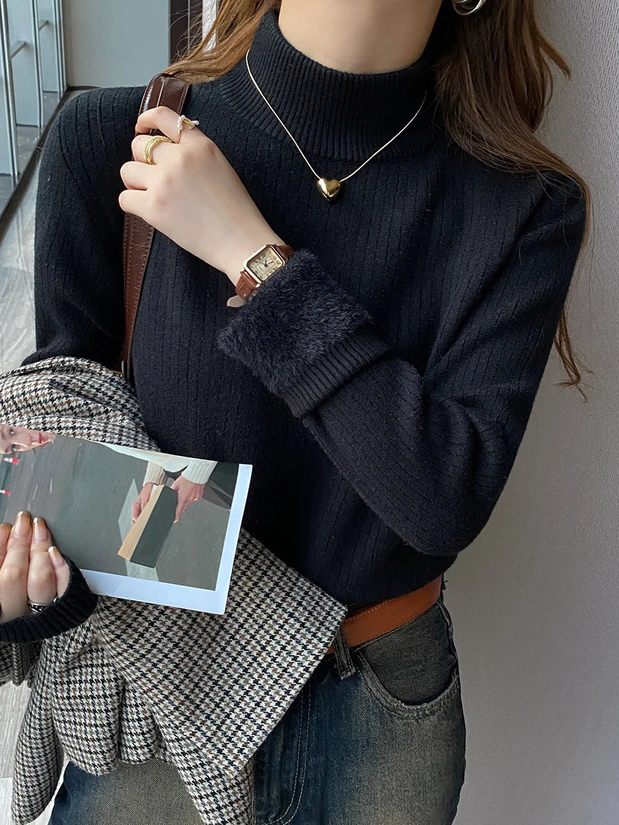 Women's Turtleneck Sweater Winter 2025 Retro with Velvet Lining Thickened Inner Wear Thermal Knitting Bottoming Shirt Pullovers