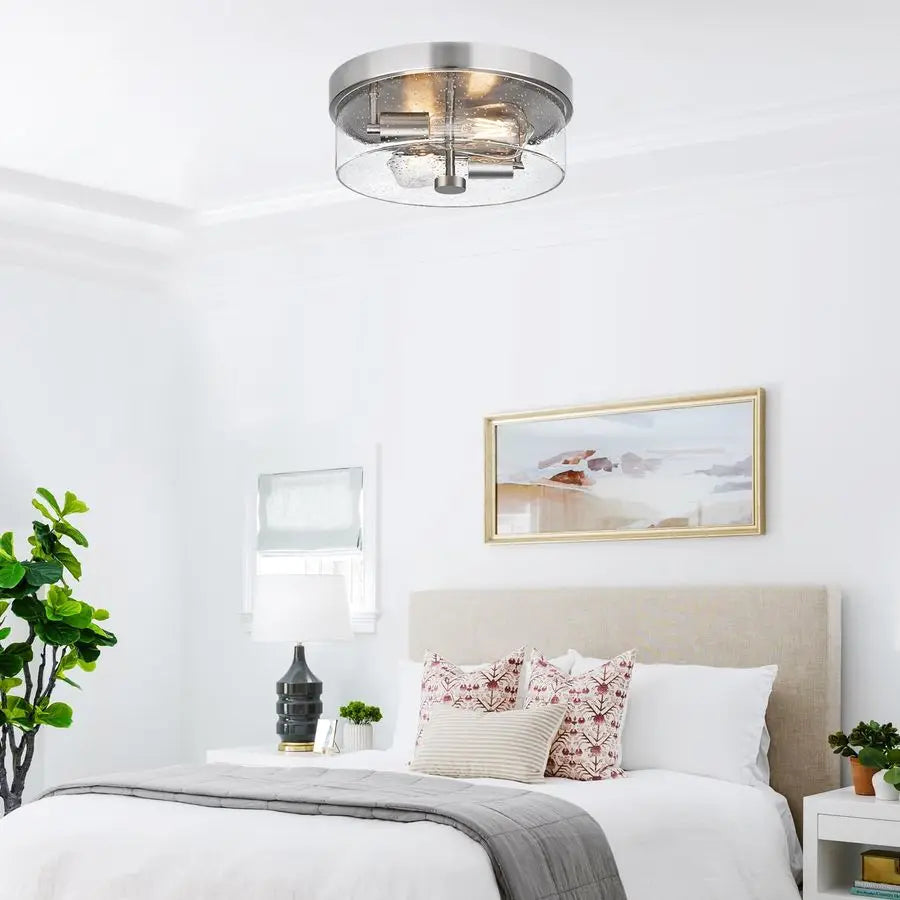 Mount Ceiling Light Fixtures, 2Light 12 Inch Brushed Nickel Close to Ceiling Light Fixtures with Seeded Glass Shade Ceiling Ligh