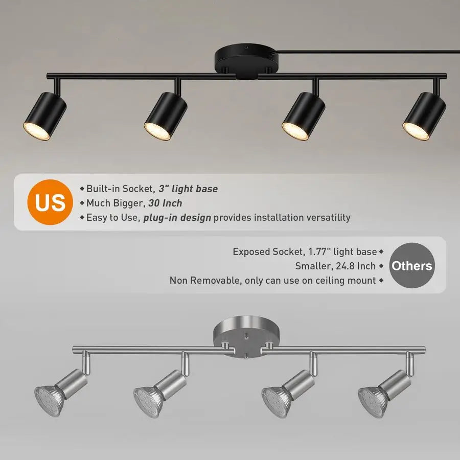 in Track Lighting, LED Track Lighting Fixtures Ceiling, Black 4Light Kitchen Light Kit, Plug in Wall Light with 14.8ft Power Cor
