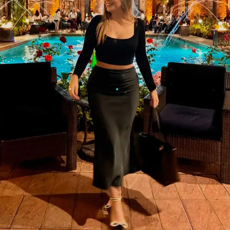 2026 Spring Women's Satin High-Waist A-Line Maxi Skirt with Bow Detail - Vintage Elegant Chic Fashion