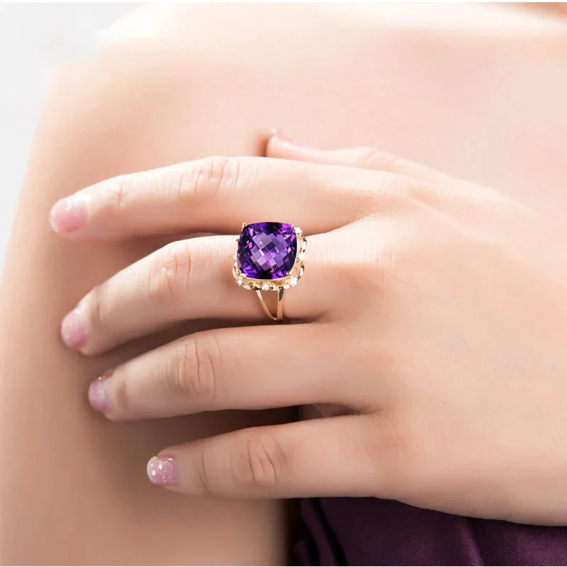 Natural Amethyst 18K Pure Gold 2025 New Hot Selling Top Ring Women Heart Shape Ring  For Ladies  Woman Genuine Jewelry