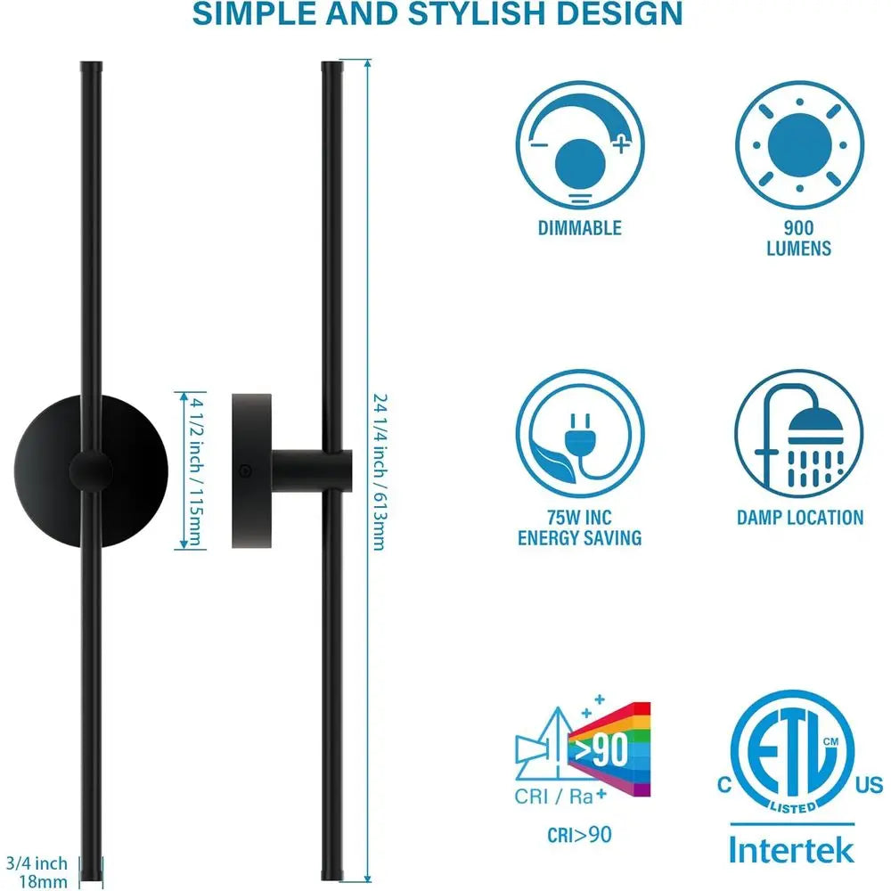 24 Inch LED Indoor Linear Wall Sconces Set o Two, 3CCT Switchable, Matte Black, Hardwired and Wall Mounted, Dimmable or Living R