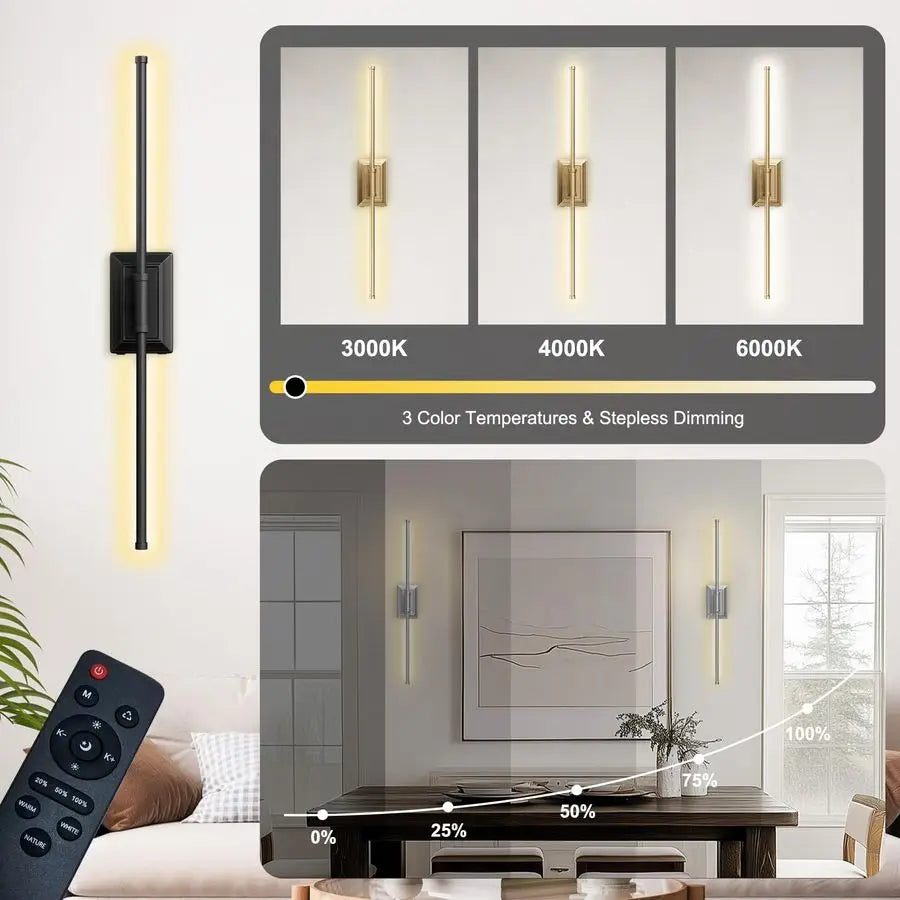 Operated Wireless Wall Sconce Modern Rechargeable Led Sconces in Black Gold Silver Bedroom Decor Stick On Lights Set of 2 Long I