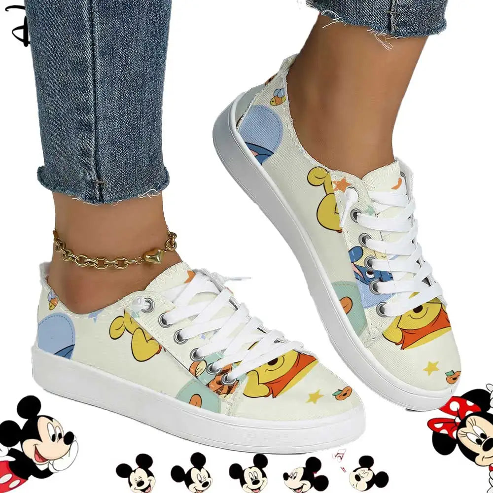 Officially Licensed Disney Winnie the Pooh Low Top Canvas Sneakers – Fruit & Star Print, Breathable Soft Upper Casual Shoes