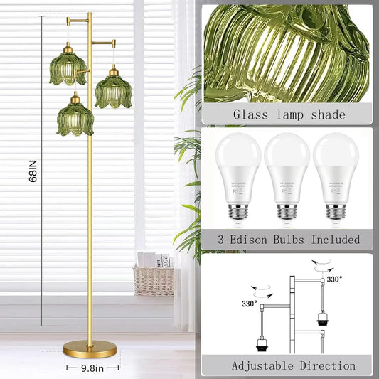 Vintage Gold Glass Floor Lamp with Green Shade, Adjustable 3-Light Tree Design for Living Room Bedroom Decor