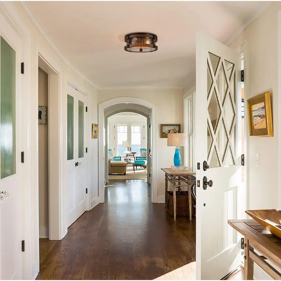 Ceiling Light Fixture 2Light Hallway Ceiling Light in Black amp Rustic Wood Grain Finish with Clear Seeded Glass Shade