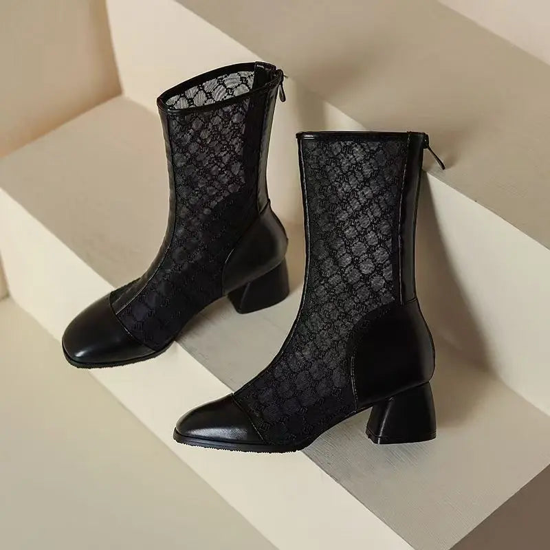 Women's Block Heel Mesh High Top Cool Boots Round Toe Hollow Out Breathable Spring Autumn New Big Size Sexy Lace Zippers Sandal