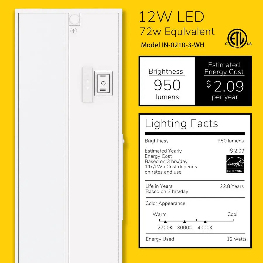 24inch 3 Color Levels LED Under Cabinet Lighting, Hardwired or Pluggedin, Selectable White 2700K 3000K 4000K, Dimmable, White Fi