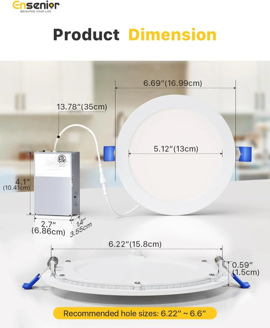 6 Pack 6 Inch LED Recessed Light, Dimmable 2700K-5000K, 1200LM High Brightness, 12W Ultra-Thin Canless Wafer Ceiling Light