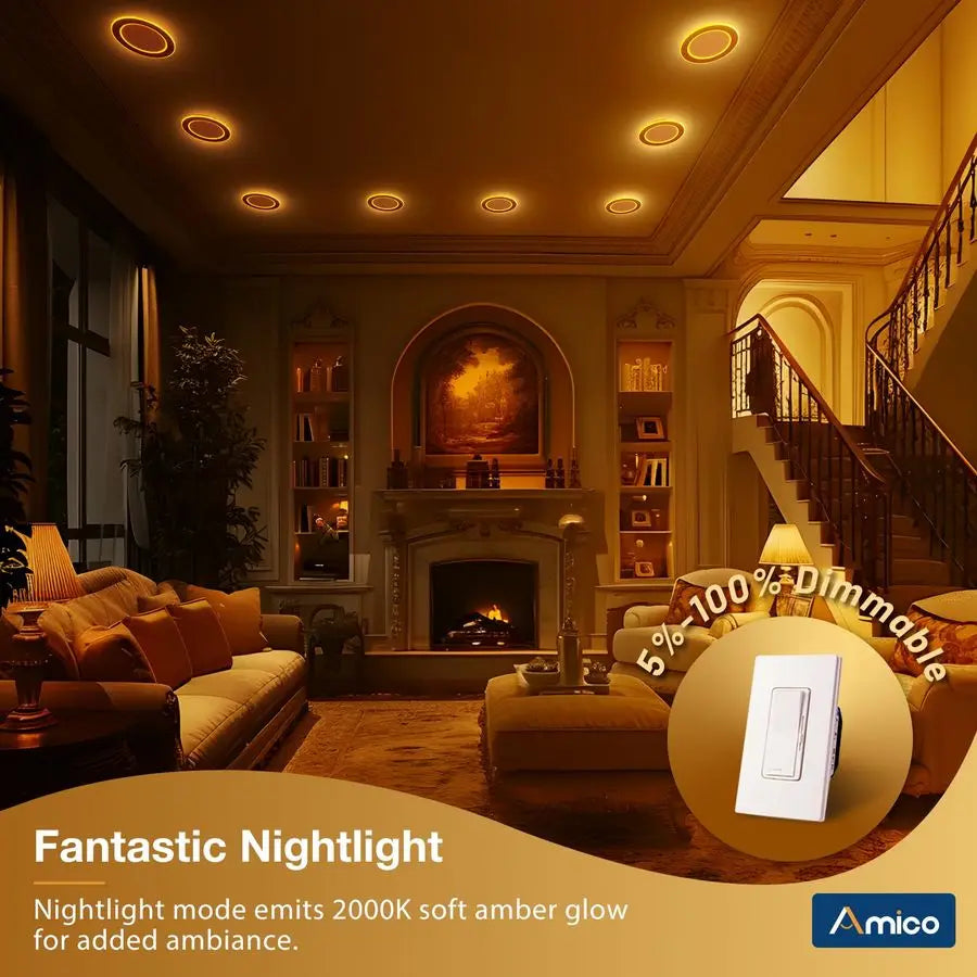12 Pack 6 Inch 5CCT LED Recessed Ceiling Light with Double Ring Night Light, 27005000K Selectable UltraThin Recessed Lighting, 1