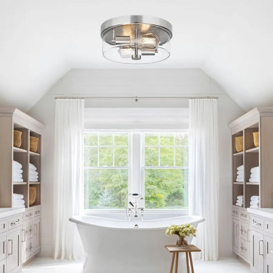 Mount Ceiling Light Fixtures, 2Light 12 Inch Brushed Nickel Close to Ceiling Light Fixtures with Seeded Glass Shade Ceiling Ligh