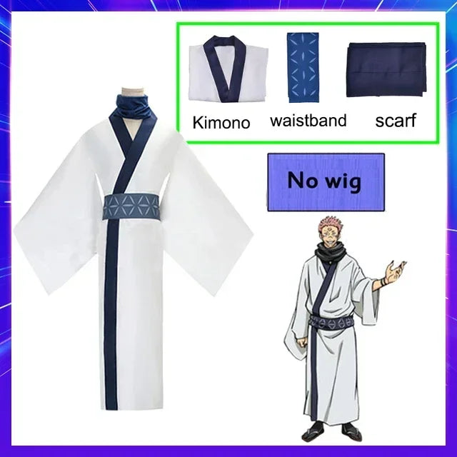 2026 Anime Jujutsu Kaisen Ryomen Sukuna Cosplay Costume Kostuum Pruik Japan White Kimono Wig Outfits Hanfu Mannen Vrouwen