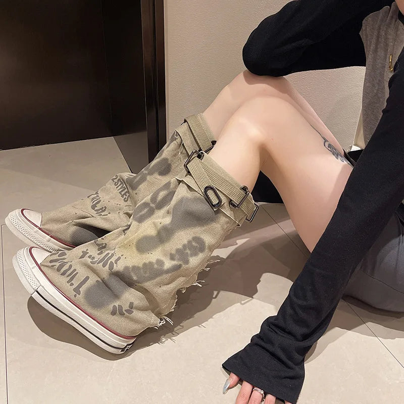 Graffiti High Top Canvas Shoes Women's High Top Boots Wide Barrel Mid Barrel Boots 2025 New Trouser Barrel Stacking Boots