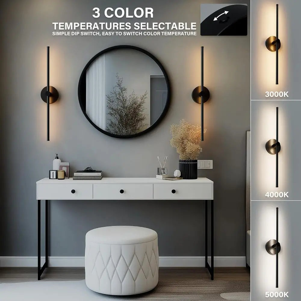 24 Inch LED Indoor Linear Wall Sconces Set o Two, 3CCT Switchable, Matte Black, Hardwired and Wall Mounted, Dimmable or Living R