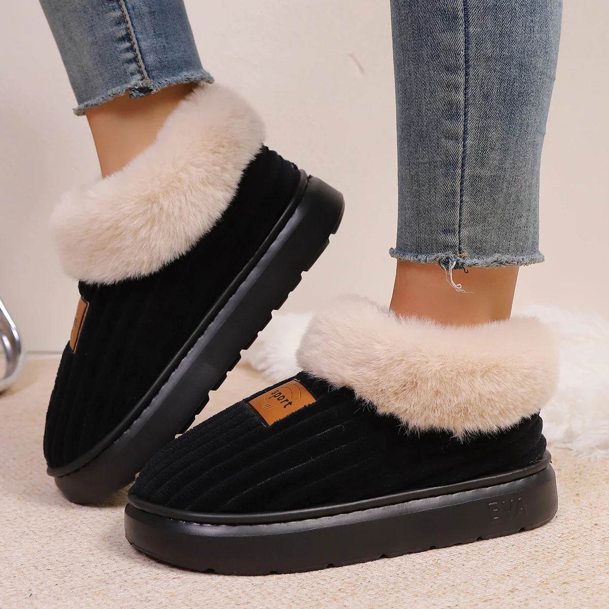 Autumn and Winter Fluffy Home Slippers, Warm Soft-Soled Ankle Shoes, Plush Indoor Comfortable High-Top Shoes, Bedroom Silent Floor Shoes