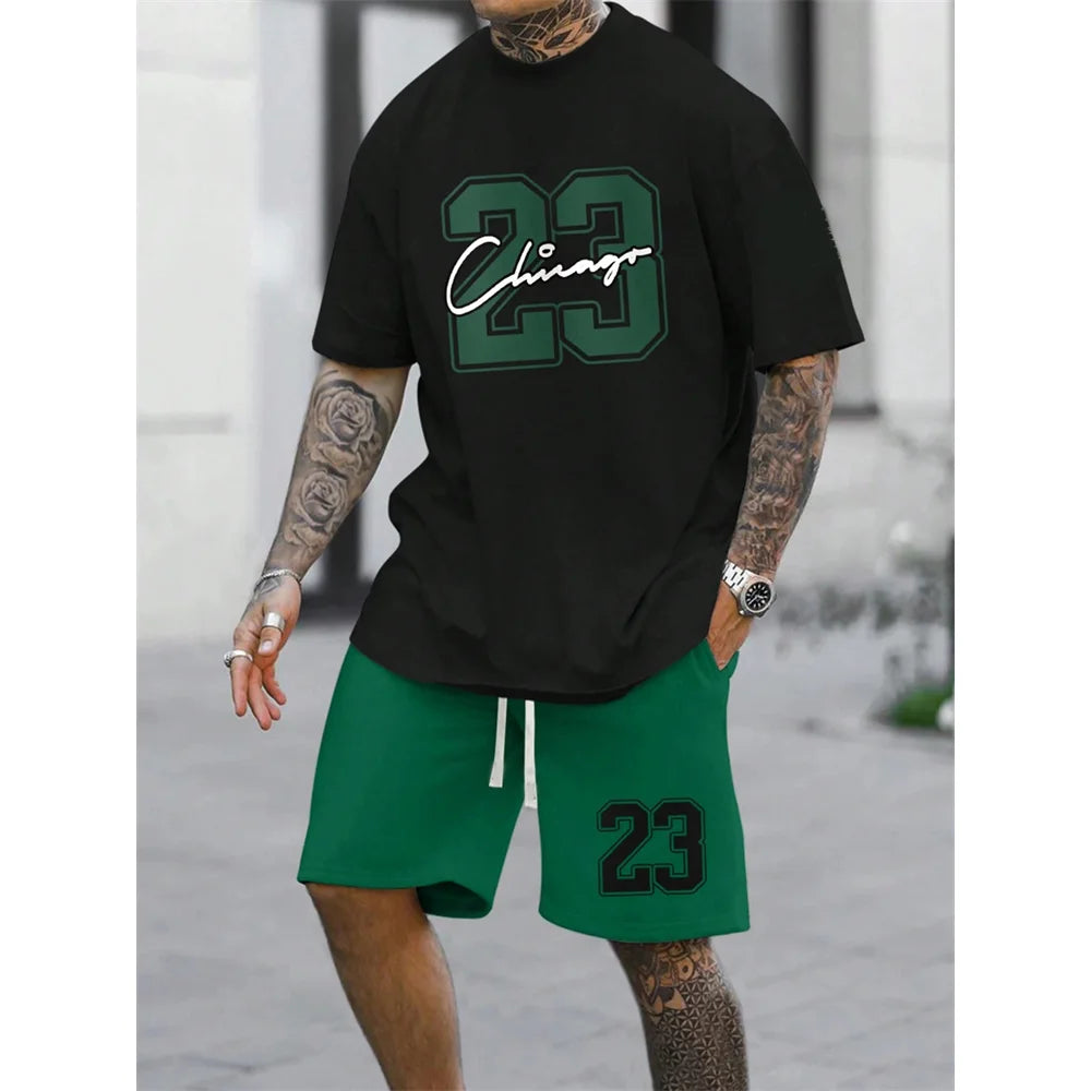 Men's Best-Selling NO.23 Printed Shorts Sports Suit Plus Size Short Sleeved Summer T-shirt+Shorts Sports Streetwear Top