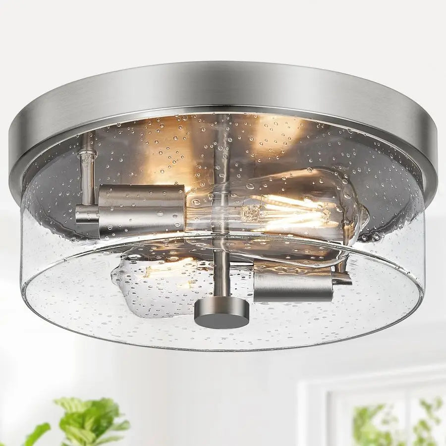 Mount Ceiling Light Fixtures, 2Light 12 Inch Brushed Nickel Close to Ceiling Light Fixtures with Seeded Glass Shade Ceiling Ligh