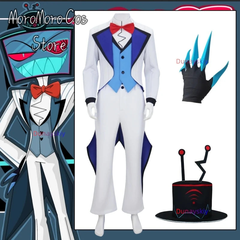 2025 New Anime Cosplay Hotel VOX Cosplay Costume White Suit Top Pants Women Men Halloween Roleplay Clothes