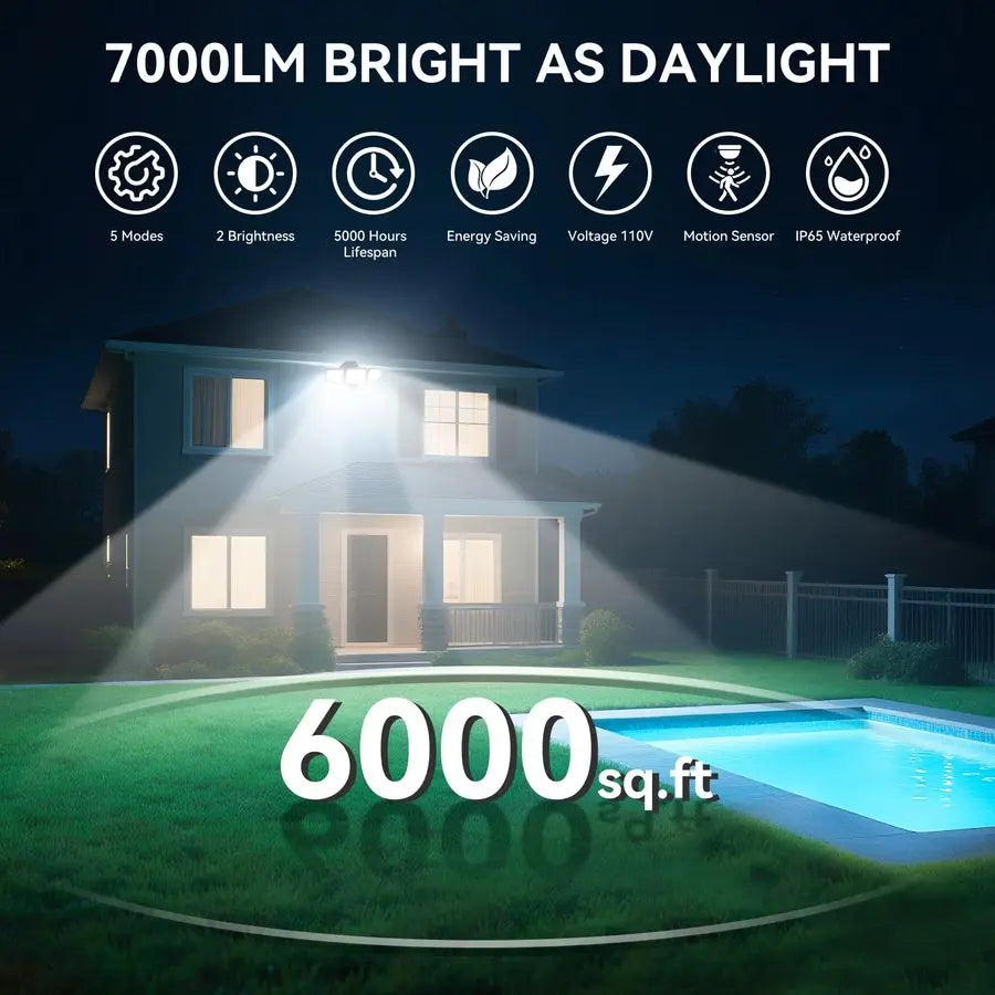 Security Lights Motion Sensor Outdoor Lights, 6500K Daylight, IP65 Waterproof, Dusk to Dawn, 3Head Motion Detected Flood Light f