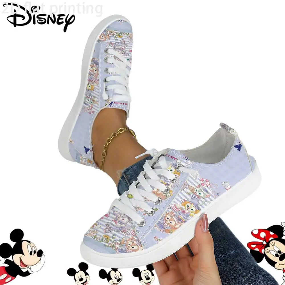 Officially Licensed Disney Duffy & Friends Low Top Canvas Sneakers – Pastel Striped Print, Breathable Soft Upper Casual Shoes