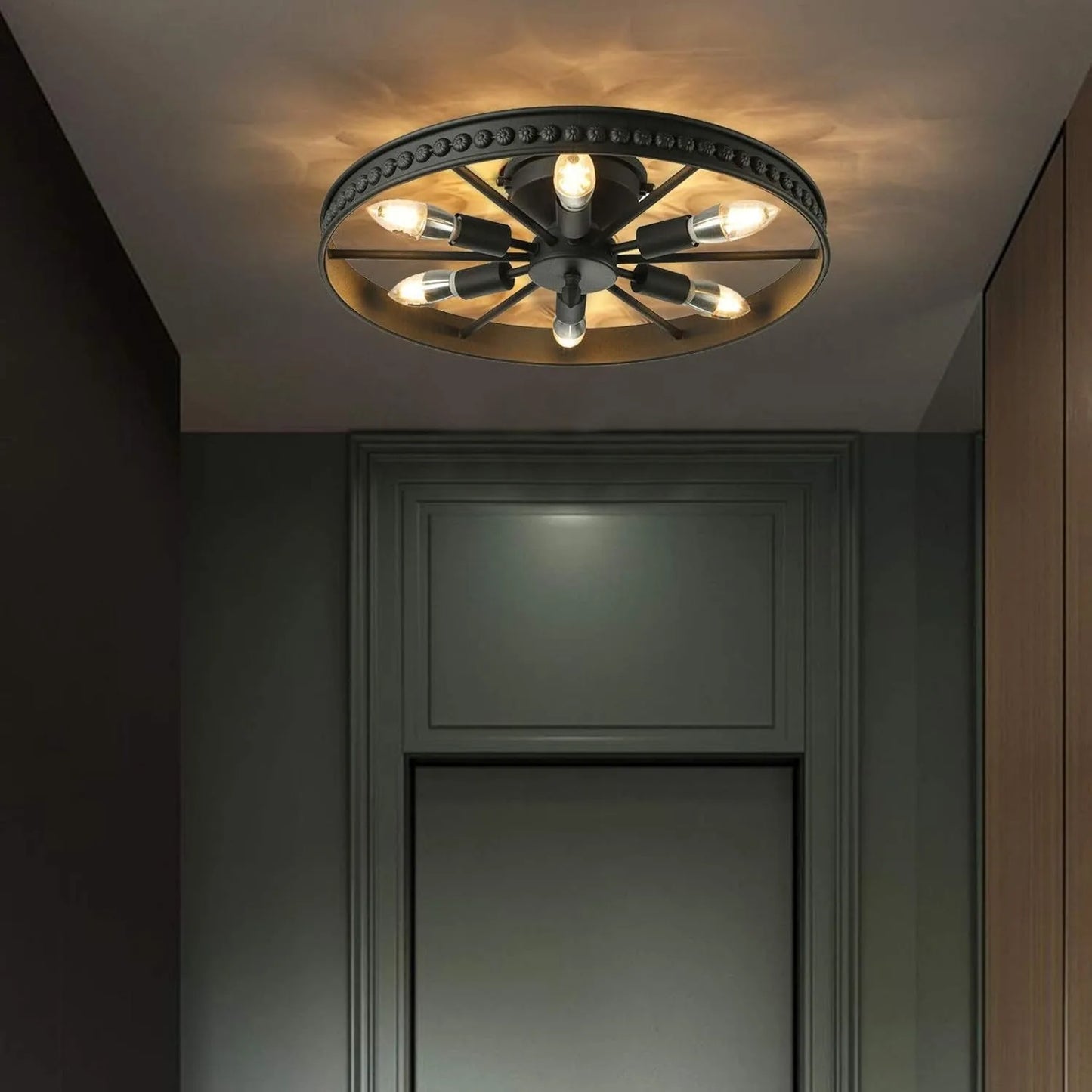 Industrial Wagon Wheel Chandelier 6 Lights, Rustic Flush Mount Ceiling Light Fixture, Retro Ceiling Lamp Hanging Lamp for Kitchen