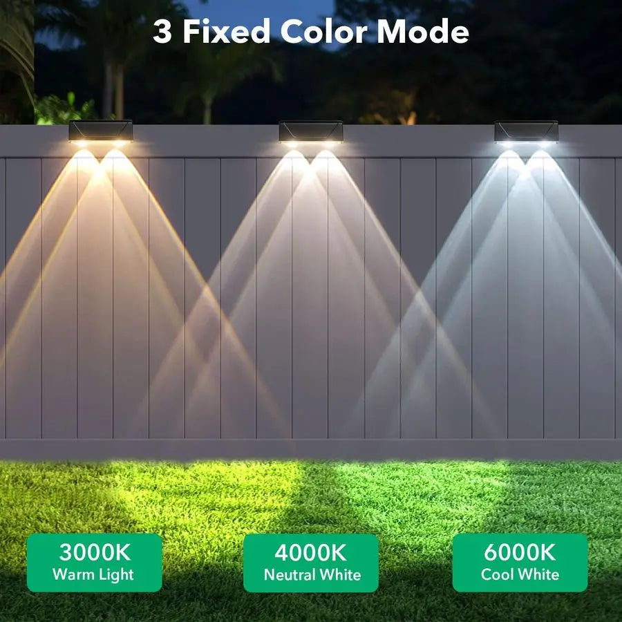 Fence Lights Outdoor 3 Color Modes3000K 4000K 6000K, IP55 Waterproof Solar Lights, Fence Light Solar Powered for Outside, Backya