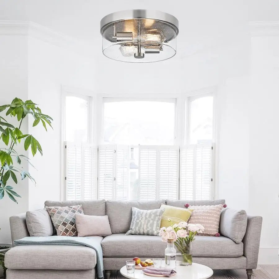 Mount Ceiling Light Fixtures, 2Light 12 Inch Brushed Nickel Close to Ceiling Light Fixtures with Seeded Glass Shade Ceiling Ligh