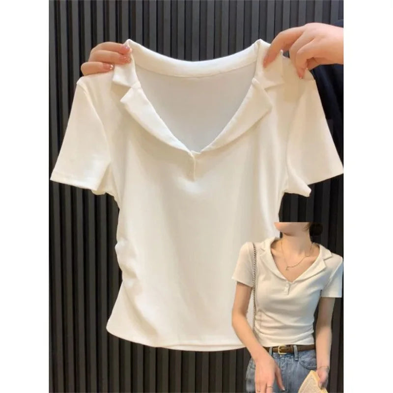 2026 New Lapel Shirt Short Sleeve T-Shirt Women's Hot Selling Summer V-Neck Bottoming Shirt Versatile Short Tops Fashion Ins