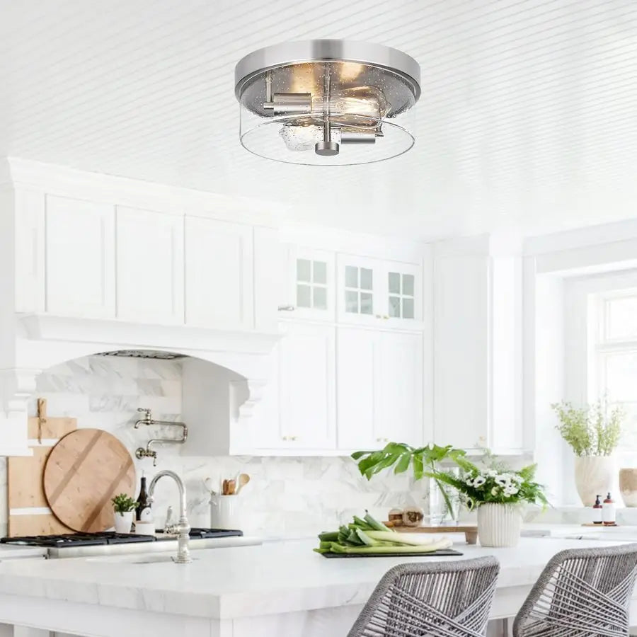 Mount Ceiling Light Fixtures, 2Light 12 Inch Brushed Nickel Close to Ceiling Light Fixtures with Seeded Glass Shade Ceiling Ligh