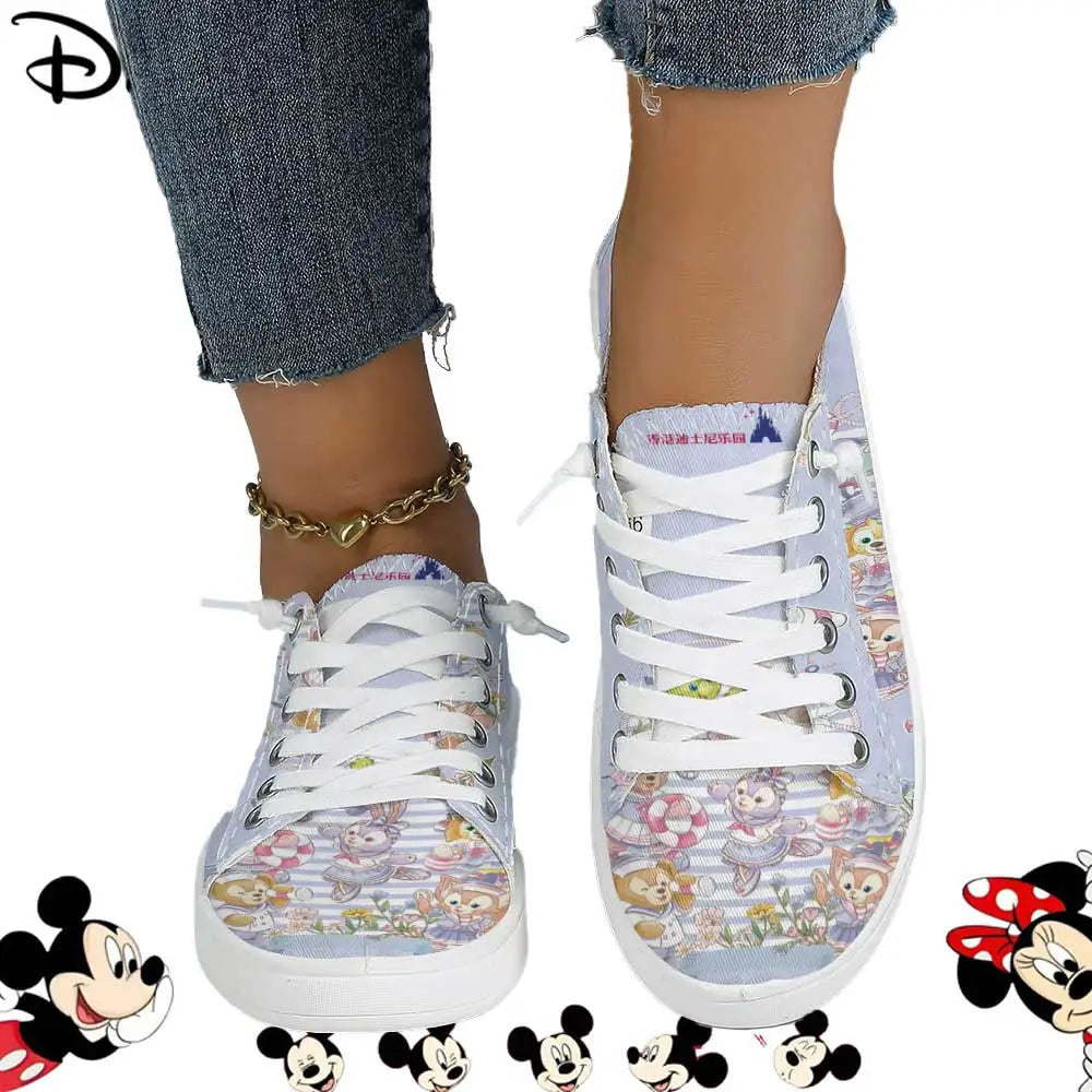 Officially Licensed Disney Duffy & Friends Low Top Canvas Sneakers – Pastel Striped Print, Breathable Soft Upper Casual Shoes