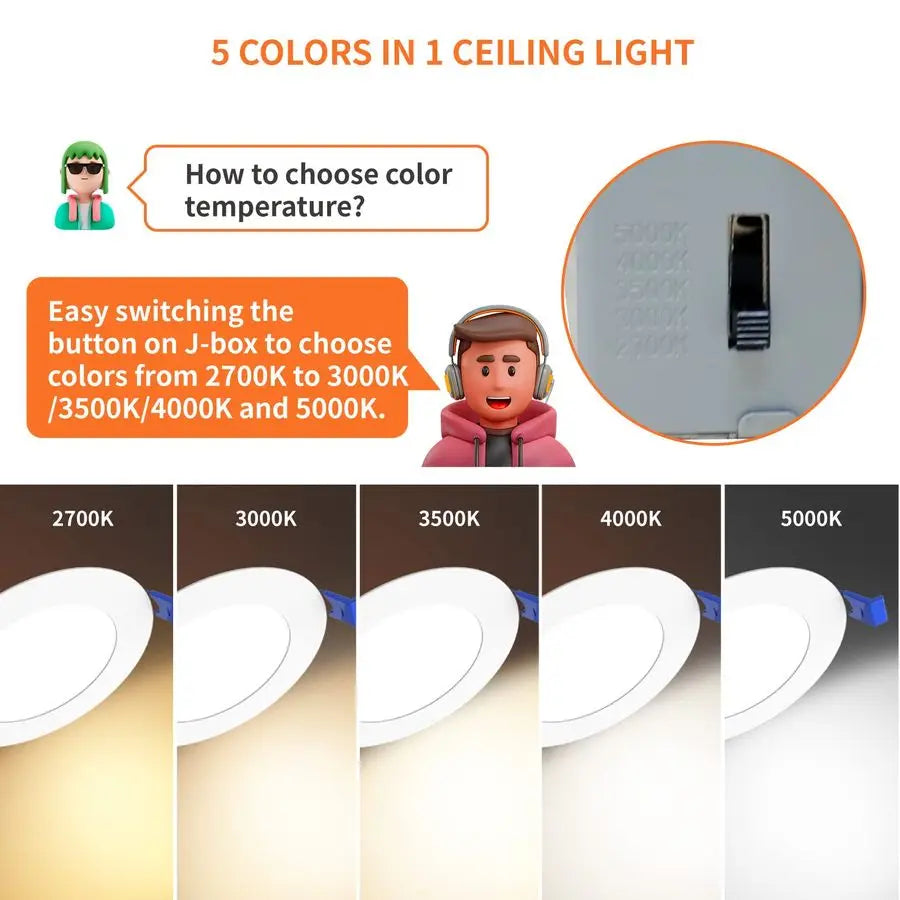 12 Pack 6 Inch LED Recessed Ceiling Light, 2700K 3000K 3500K 4000K 5000K Selectable, Dimmable 12W110W, 1050LM, IC Rated CanKille