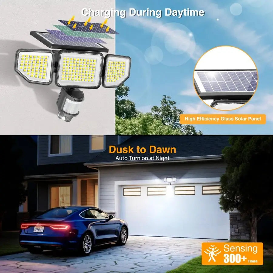 Solar Lights Outdoor, 3 Heads Security Lights with Remote Control amp Night Light, IP65 Waterproof Motion Sensor Lights, 3 Modes