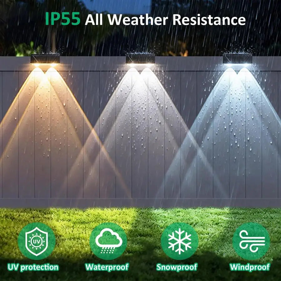 Fence Lights Outdoor 3 Color Modes3000K 4000K 6000K, IP55 Waterproof Solar Lights, Fence Light Solar Powered for Outside, Backya
