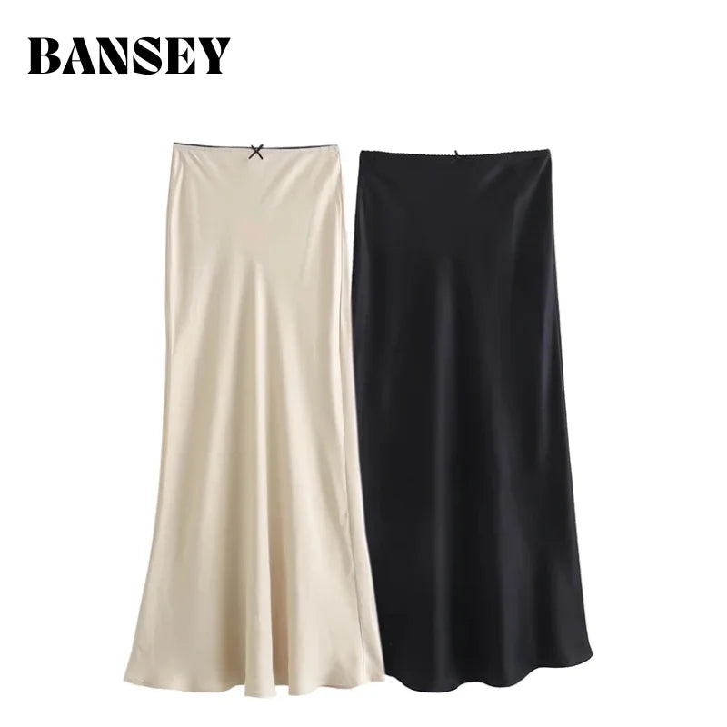 2026 Spring Women's Satin High-Waist A-Line Maxi Skirt with Bow Detail - Vintage Elegant Chic Fashion