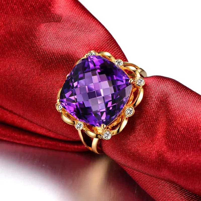 Natural Amethyst 18K Pure Gold 2025 New Hot Selling Top Ring Women Heart Shape Ring  For Ladies  Woman Genuine Jewelry