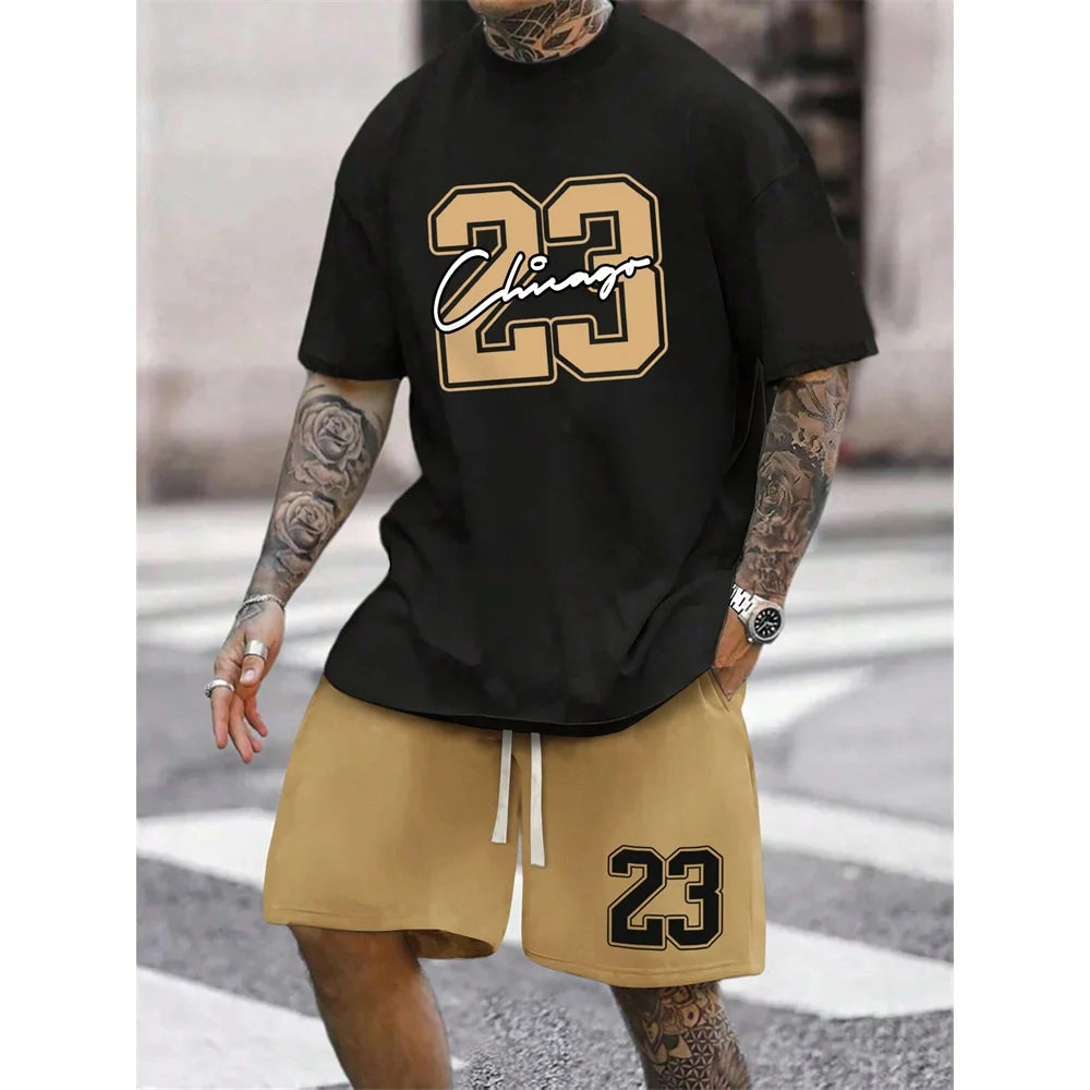 Men's Best-Selling NO.23 Printed Shorts Sports Suit Plus Size Short Sleeved Summer T-shirt+Shorts Sports Streetwear Top