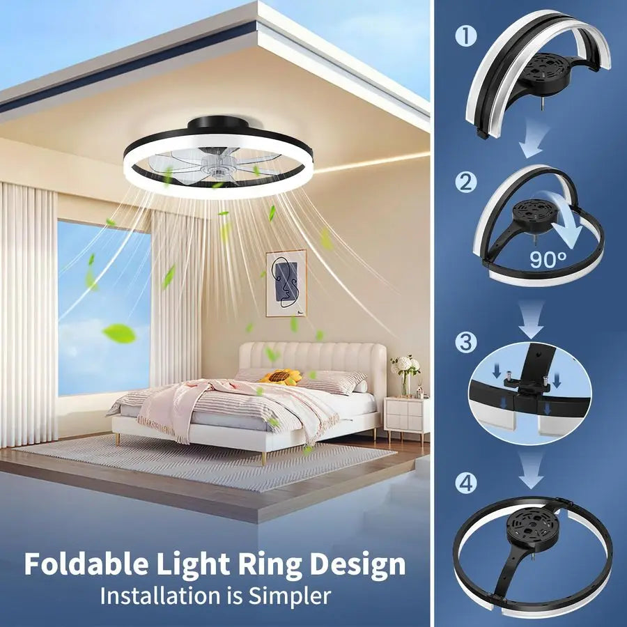 Ceiling Fan with Light, 20 Modern Low Profile Foldable Ceiling Fans with 6 Wind Speeds, Dimmable Smart Ceiling Fan Light with Re