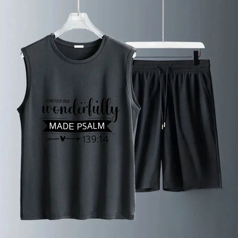 Men's vest suit Summer sleeveless printed Wonderfully Made tank  Tops + shorts  tracksuit set training suit set men	2 piece set