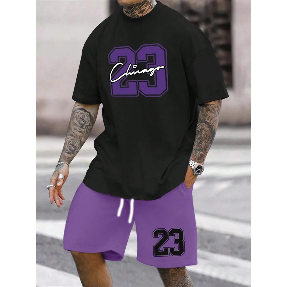 Men's Best-Selling NO.23 Printed Shorts Sports Suit Plus Size Short Sleeved Summer T-shirt+Shorts Sports Streetwear Top