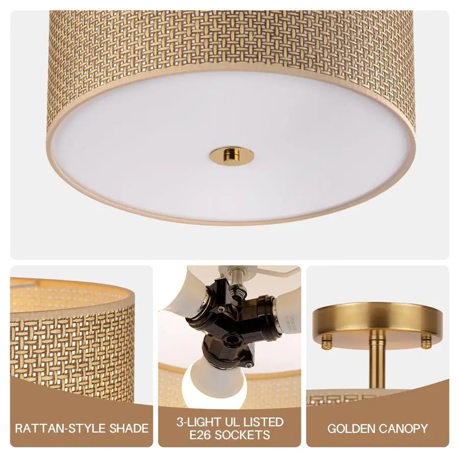 Woven Rattan Boho Ceiling Light Fixture, 3Light Modern Semi Flush Mount Lamp with Drum Fabric Shade, Rustic Brown Lighting for B