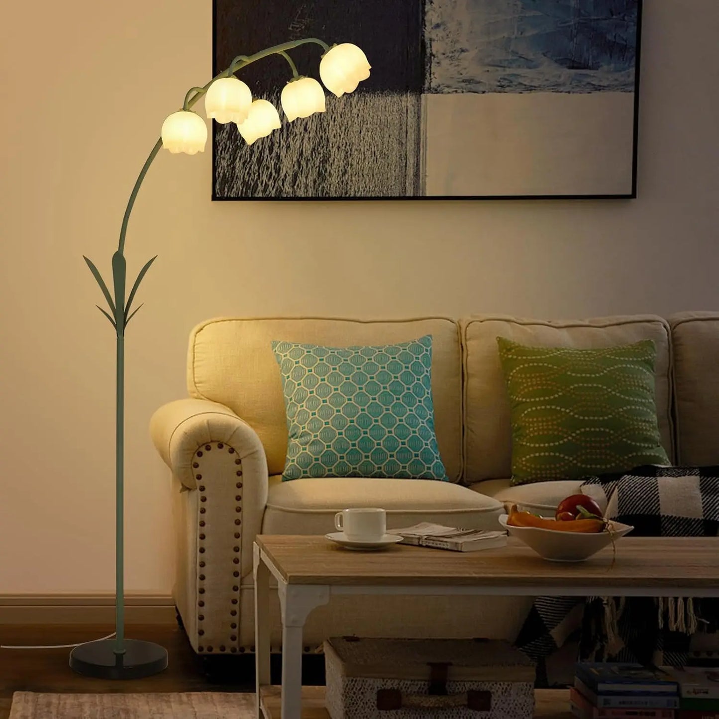 Elegant Arc Floor Lamp with Floral Design, Includes 5 LED Bulbs and Foot Switch for Living Room or Bedroom