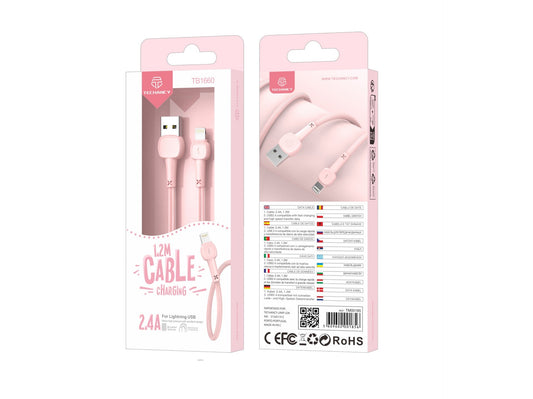 Techancy Cabo De Dados Usb-Lightning Rosa TB1660, Carregamento Rápido Macaron 2.4a, Comprimento 1.2m, Compatível Com Iphone/Ipad