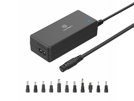 Techancy  Adaptador de energia universal TL7344 para laptops, com potência de 90W, 11 conectores e proteções contra sobrecorrente e sobretensão