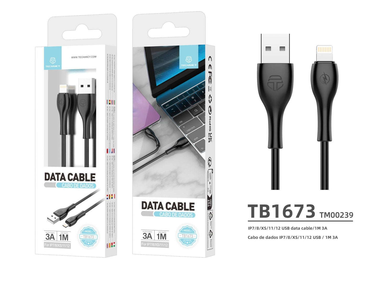Techancy Cabo De Dados Rápido 3a TB1673, Conetor Usb-Ip8/X/11-14, 1 Metro De Comprimento Para Transferência De Dados, Preto