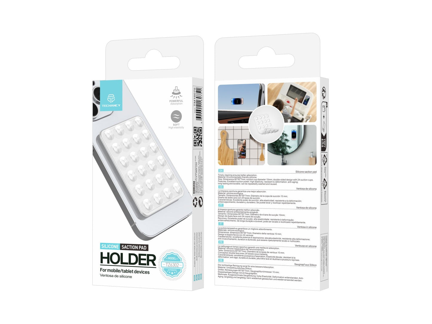 Techancy Suporte Ventosa TZ6302 Para Telemovel Tablet Silicona Ecologica 24 Ventosas Forte Fixacao Reutilizavel Duravel Lavavel Branco